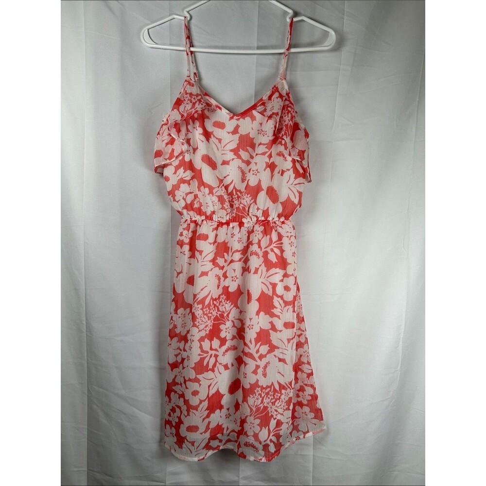 Super B Floral Mini Sundress Women’s Small Coral Ruffle Sleeveless Vacation